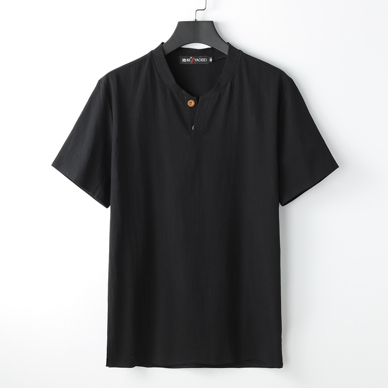 大きいサイズのメンズ中国風スリットスタンドカラー半袖ファットコットンとリネンの夏のTシャツルーズリネンVネック半袖|undefined