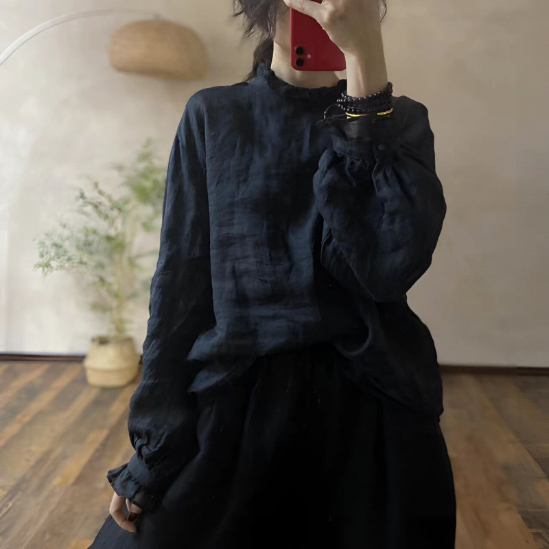 Elegant and Chic Artistic Style Lively Lace Collar Ramie Shirt for Women Meditation Elegant and Chic Artistic Style Lively Lace Collar Ramie Shirt for Women Meditation
