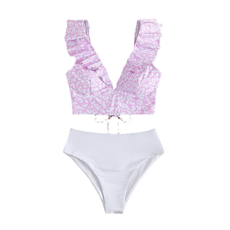 2024 New Leopard Pattern Ruffle Edge Beach Bikini Women's High Waist Triangle Split Swimsuit_voghion.com