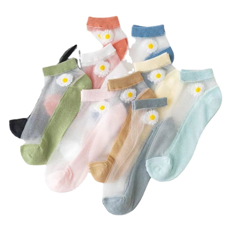 Medias cortas coreanas de margarita para mujeres de verano delgadas calcetines de cristal transpirables, calcetines de barco transparentes invisibles, calcetines de moda para hombres