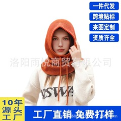 跨境针织连帽围脖秋冬多功能纯色一体女士连帽护耳加厚围脖