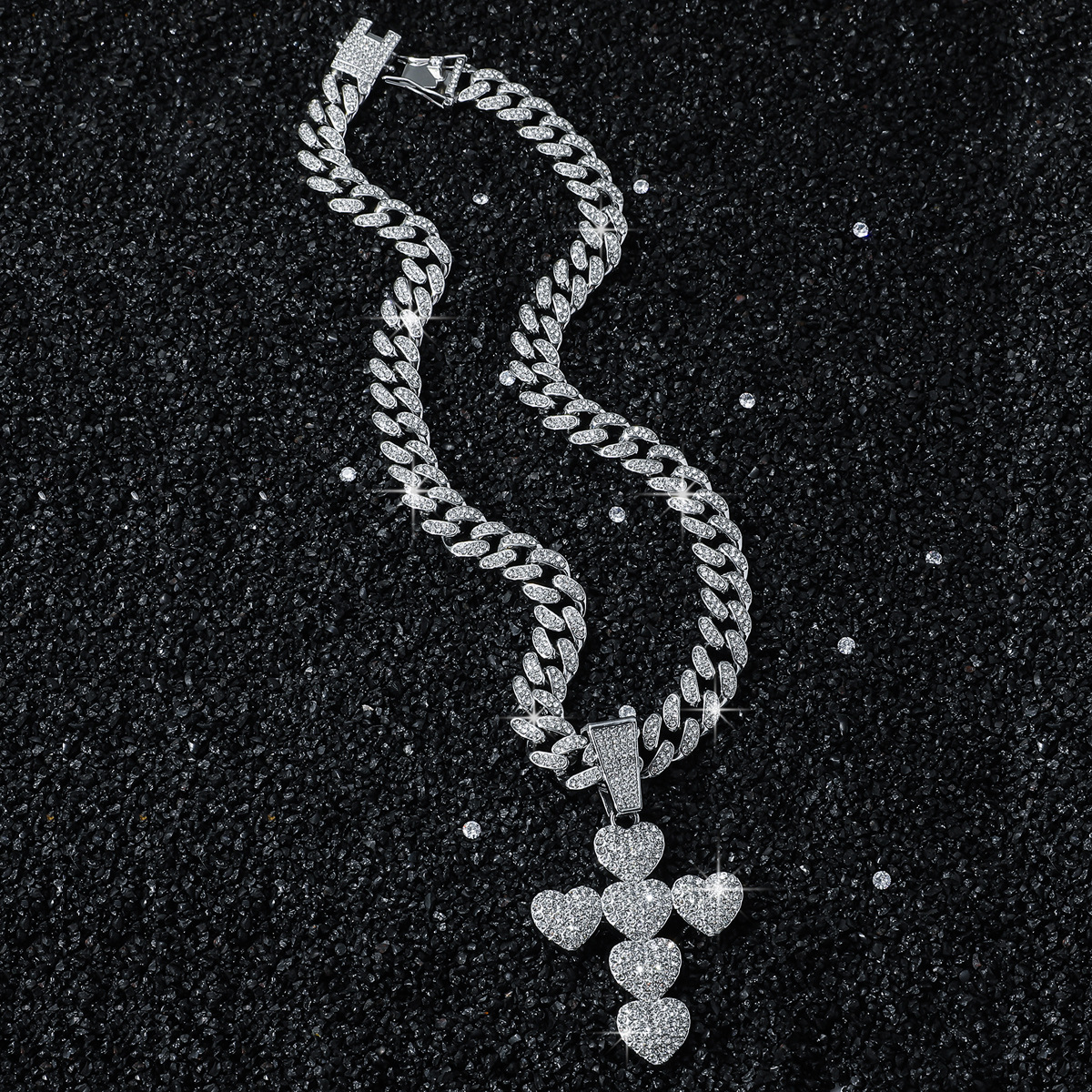 Cuban Link Chain Curb Chain Chain Type New Personalized Men's Full Diamond Chain Hip Hop Style Heart-Shaped Cross Pendant Necklace