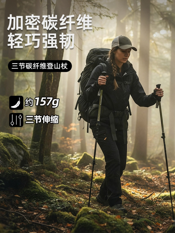 碳纤维登山杖碳素超轻三节伸缩男女专业户外徒步手杖装备行山杖|undefined