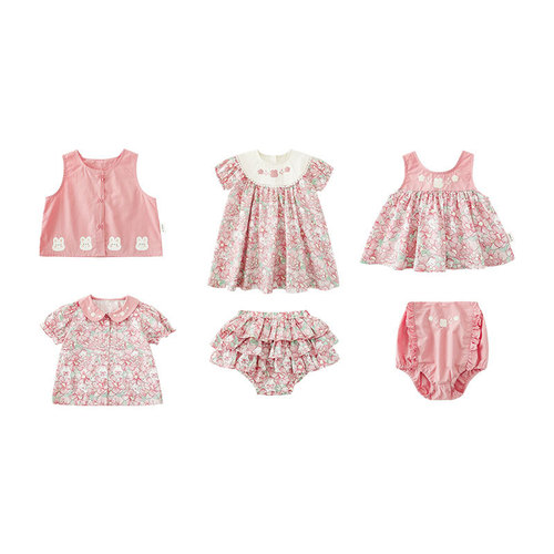 Qiu Duomeng girls pink rabbit floral series shirt vest skirt suit summer shorts children's dress