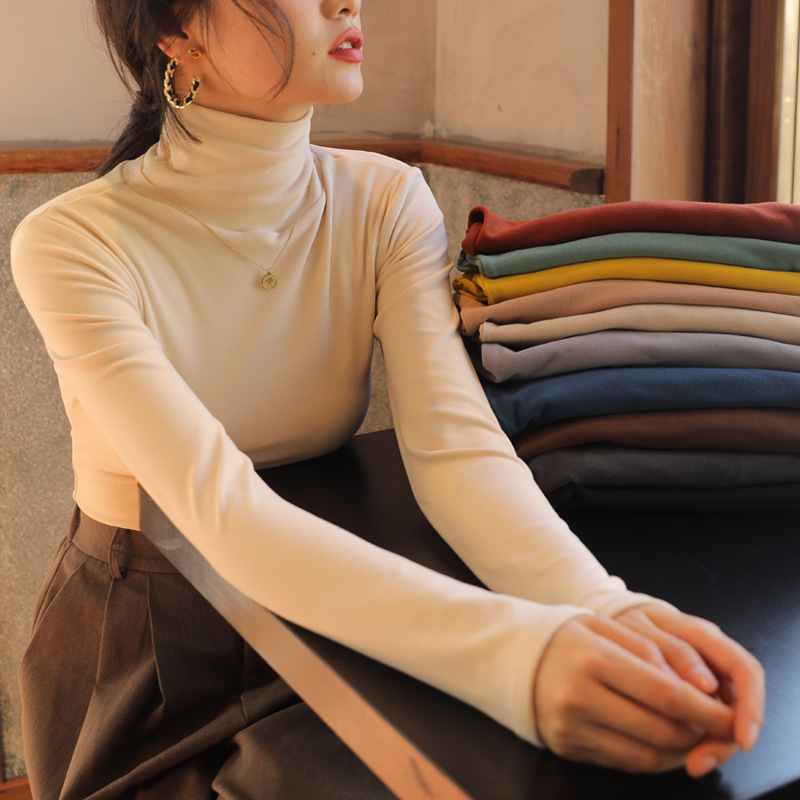Solid Color German Velvet Pile Turtleneck Bottoming Shirt for Women, Autumn and Winter Velvet Thickeneded Long-Sleeved Bottoming Shirt Tight T-Shirt