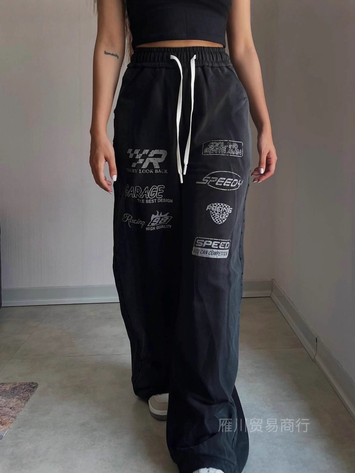 Europa y Estados Unidos transfronterizos retro estampados casuales pantalones deportivos tendencia de moda de cintura alta suelta pantalones grises rectos image 5