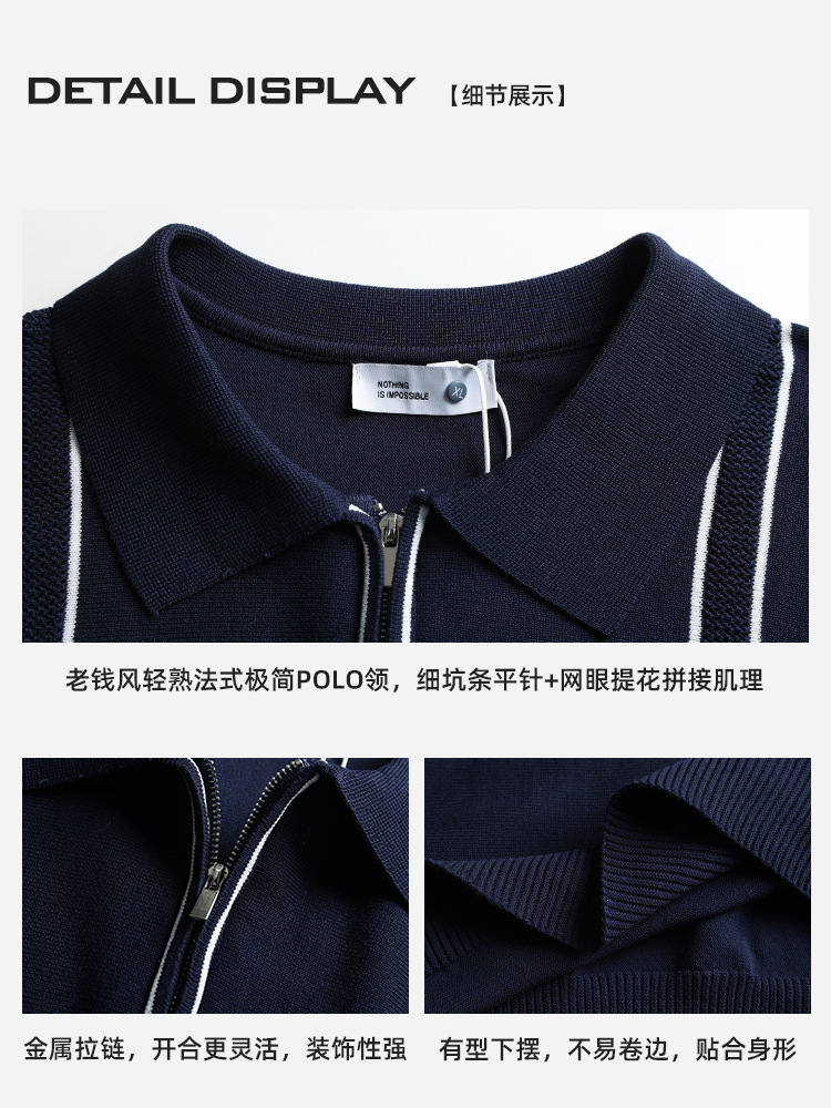 Transfronterizo de hombre hielo hombre polo camiseta de manga corta media cremallera estriada de negocios de alto nivel camiseta de verano hombre
