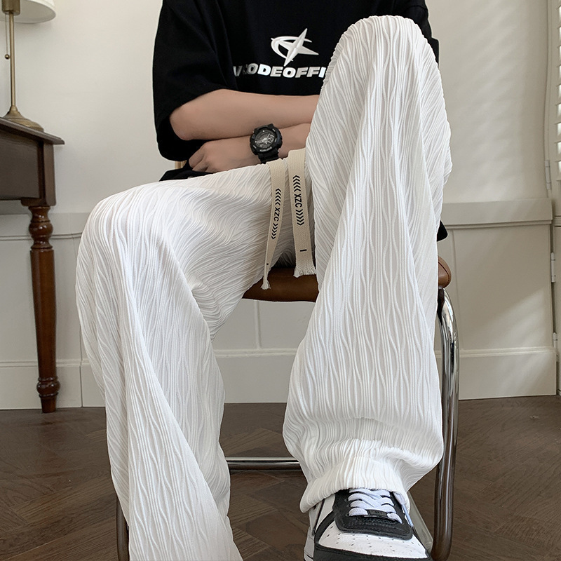 纹理潮牌宽松直筒阔腿裤新款男士白色休闲长裤垂感冰丝裤子男夏季|undefined