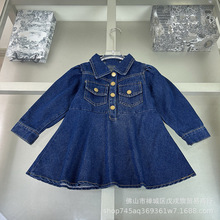 新品儿童童裙女宝宝秋季新款气质小翻领牛仔长袖连衣裙