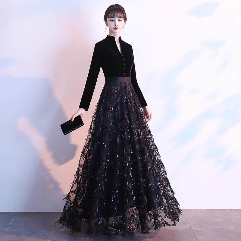 Black Evening Dress for Women 2026 New Style Banquet Elegant Host Velvet Chorus Conductor Performance Dress Summer