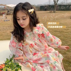 公主裙女童超仙春秋款洋氣2024新款長袖雪紡長裙娃娃領碎花連衣裙