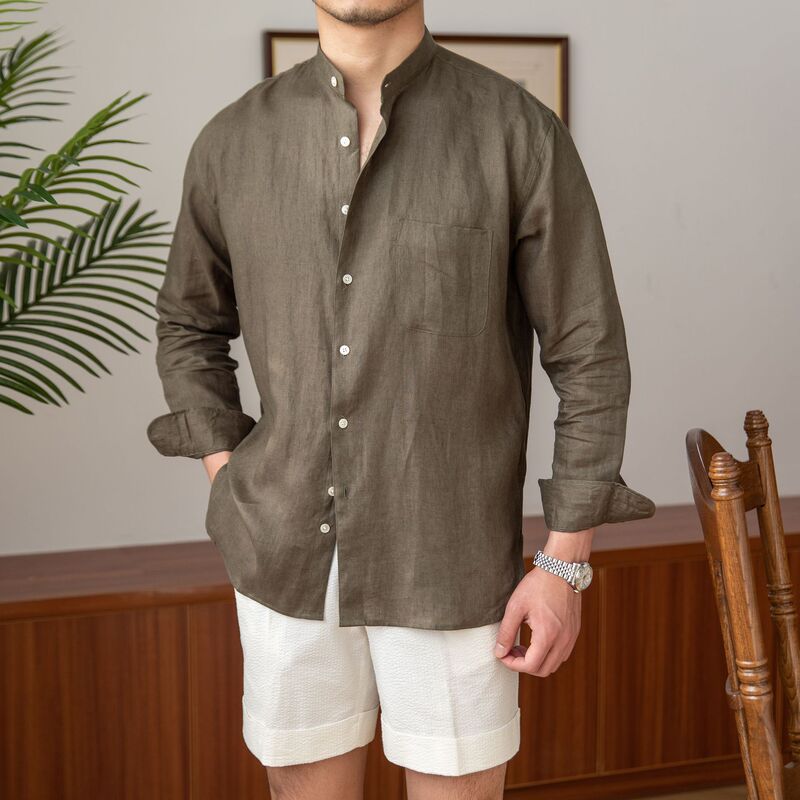 Long-Sleeved Shirts, Vacation Collared Shirts, Men's Henley Collar Tops, Non-Iron Polyester Fiber Cross-Border Men's Shirts