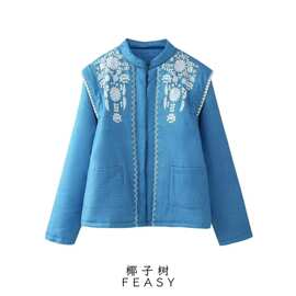 亚马逊跨境外贸欧美女装2024秋冬新款立领宽松印花休闲棉服棉衣