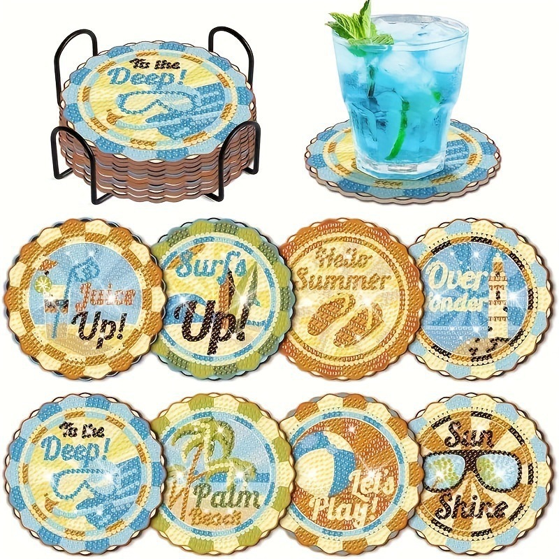Ventas transfronterizas calientes de 8 piezas de conjunto de cojín de taza de arte de diamante, con soporte, pequeño conjunto de pintura de diamante, adecuado para adultos