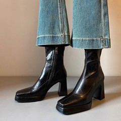 馬の皮 ~ ハイヒールのショートブーツの女性の秋冬の小さい体の防水台の太さとチェルシーの本革のブーツのフランス式のやせている靴