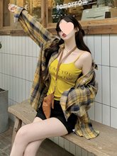 大码长袖衬衫女春季宽松百搭磨毛上衣胖MM复古格纹POLO领衬衣外套