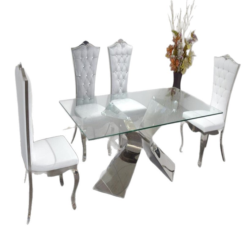 A8095 mesa de comedor minimalista contemporánea italiana de lujo ligera base de acero inoxidable 12 mm mesa de comedor de vidrio templado
