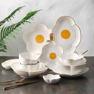 Ceramic Tableware, High-Looking Rice Salad Bowl, Flavor Plate, Creative and Cute Household Dish Plate, Noodle Soup Breakfast Bowl