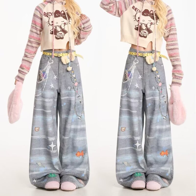 American Retro Cartoon Ocean Style Digital Printed Jeans for Women Vintage Niche Distressed Loose Wide Leg Pants