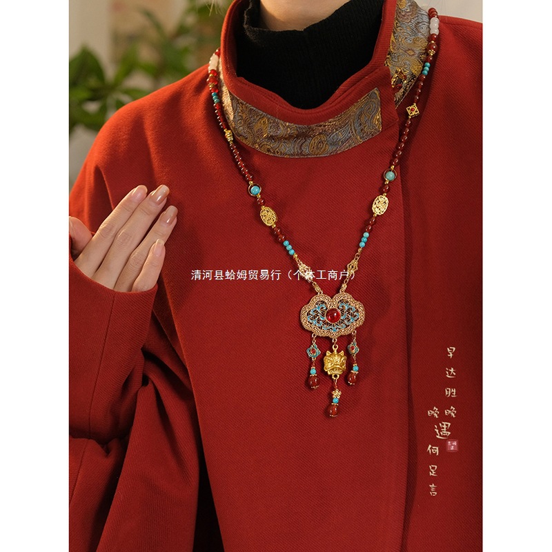 新中式古风平安锁背云红色长璎珞流苏项链女复古国风汉服长款配饰