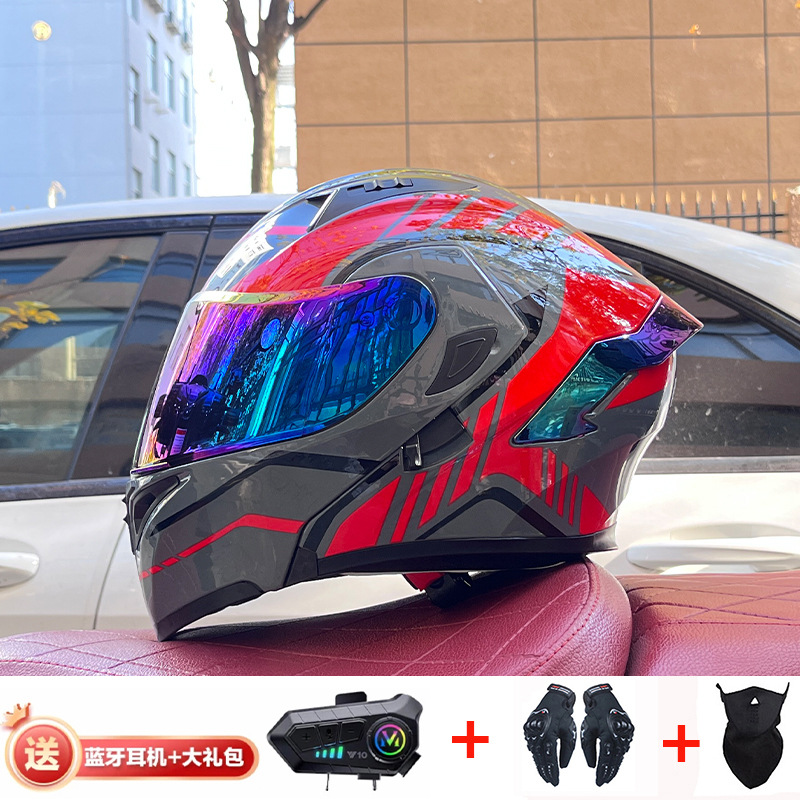 Casco de exposición Orz para hombres y mujeres invierno Doble espejo coche eléctrico semi-Casco completo cola de color coche deportivo ranura Bluetooth cuatro estaciones casco