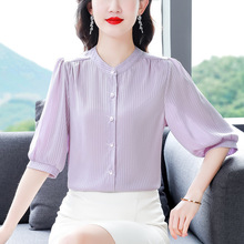 品牌妈妈装七分袖上衣洋气减龄中年女士气质小衫宽松遮肚子雪纺衫