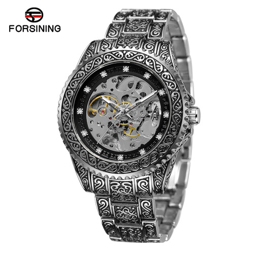 New forsining European and American style men's fashionable and casual hollow retro carved automatic mechanical watch