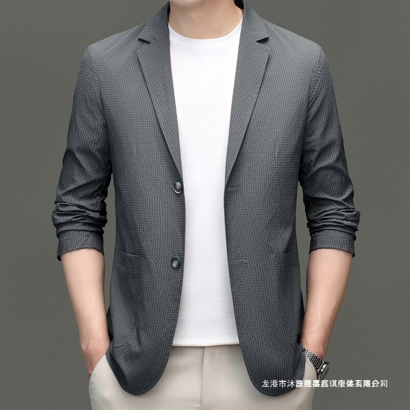 2026 Men's Suit Spring/Summer Bubble Gauze Thin Ice Silk Single Jacket for Young and Middle-Aged Men, Slightly Stretchy Single Layer Sun Protection Suit Jacket 2026 Men's Suit Spring/Summer Bubble Gauze Thin Ice Silk Single Jacket for Young and Middle-Aged Men, Slightly Stretchy Single Layer Sun Protection Suit Jacket