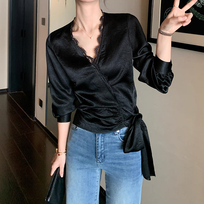 In-Stock Manufacturer Wholesale 2026 New Acetate Spliced Lace Long-Sleeve Shirt for Women V-Neck Waist-Cinching Blouse Women In-Stock Manufacturer Wholesale 2026 New Acetate Spliced Lace Long-Sleeve Shirt for Women V-Neck Waist-Cinching Blouse Women