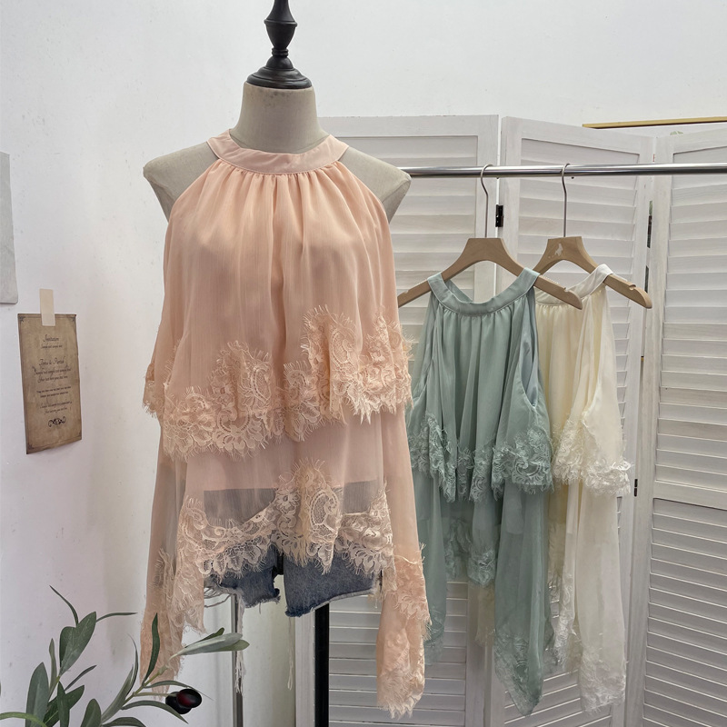 Real Shot of Irregular Lace Halter Neck Camisole for Women, Summer Vacation Style, Lined Sleeveless Top 673 Real Shot of Irregular Lace Halter Neck Camisole for Women, Summer Vacation Style, Lined Sleeveless Top 673