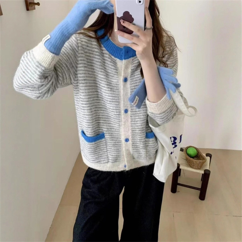 韩系设计感撞色条纹毛衣女2025秋冬宽松百搭慵懒风针织开衫外套潮|undefined