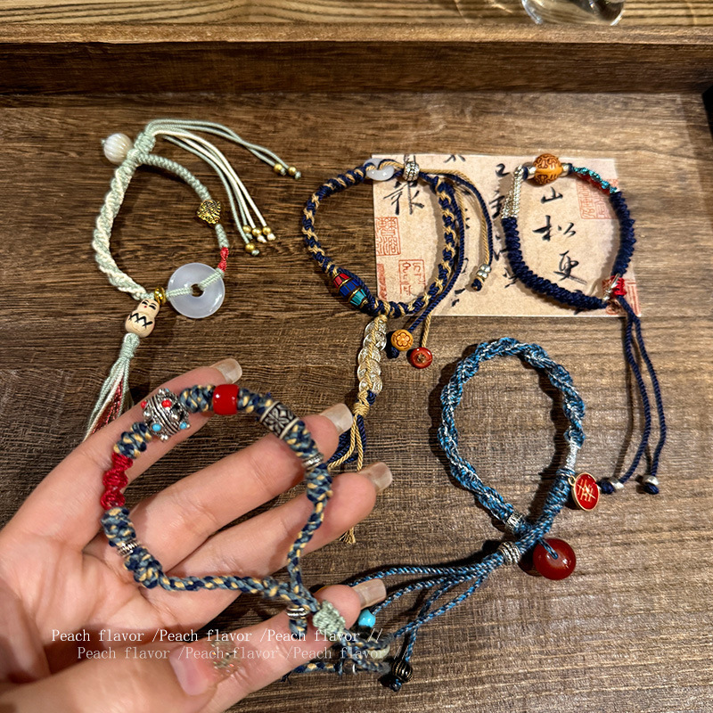 New Chinese-Style Cinnabar Mountain Ghost Flower Bracelet, Ethnic Xizang-Style Hand-Woven Bracelet, Couple Bracelet, National Style Bracelet