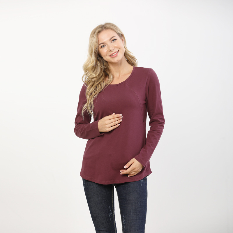 2025 春と秋のラウンドネックサイドオープン授乳服お出かけおしゃれホットマママタニティ長袖 Tシャツ授乳服大きいサイズ S-3XL|undefined
