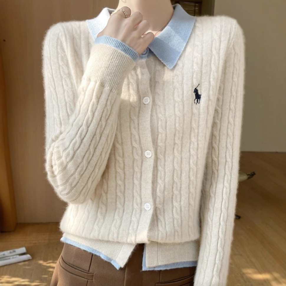 우아한 올 매치 페이크 투피스 카디건 여성용 빈티지 옷깃 컬러 매칭 자수 트위스트 스웨터 루즈 니트 코트 탑