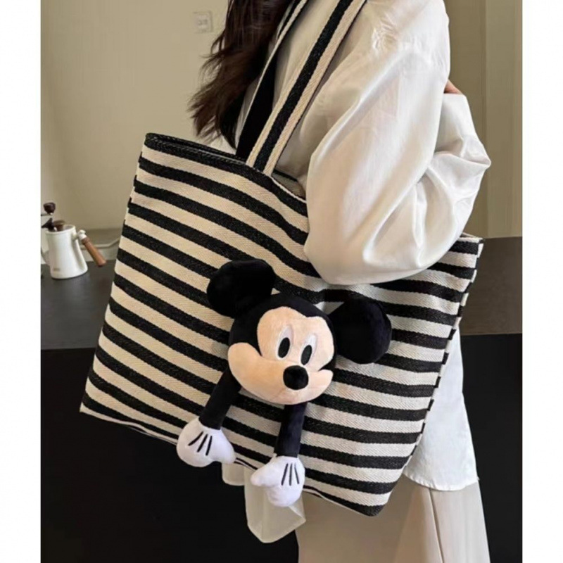 Large Capacity Striped Tote Bag Women's 2024 New Fashion Cute Cartoon Mickey Tote Bag Book Canvas Bag