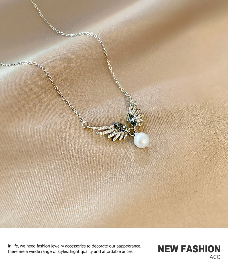 Korean Dongda Fashion Personality Pearl Necklace Design Temperament Wings Pendant Cold Style Zircon Clavicle Chainpicture8