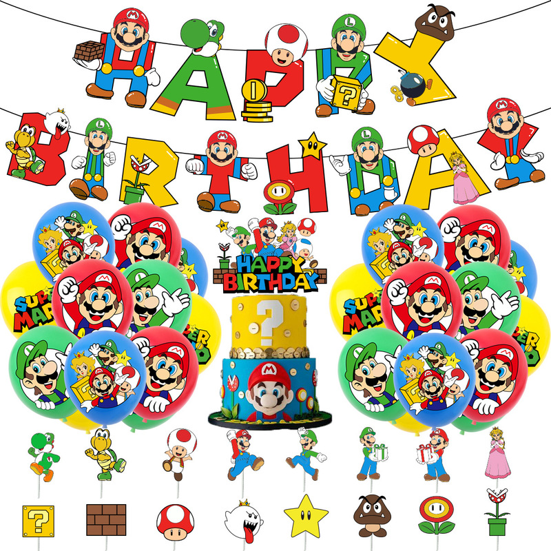 New Super Mary Game Theme Children's Party Supplies Mario Flag Balloon Cake Insert Decoration Set