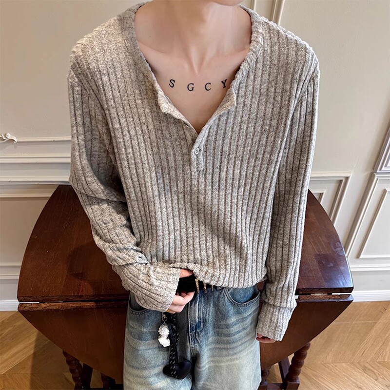 Old Money Style Henry Collar Long-Sleeve T-Shirt for Men, Autumn Lazy and Relaxed Sweatshirt, American Retro Knit Base Shirt Old Money Style Henry Collar Long-Sleeve T-Shirt for Men, Autumn Lazy and Relaxed Sweatshirt, American Retro Knit Base Shirt