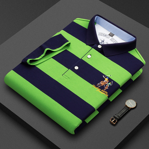 Shengli Fa 2025 Summer New Arrival Mid-Aged Men's Pure Cotton Short-Sleeved T-Shirt, Slim-Fit Business Collar Striped Base Layer Shirt