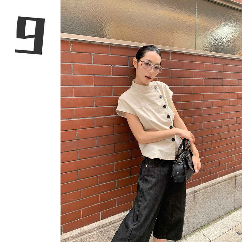 [9Hour] Niche Design Stand-Up Collar Button-Down Short-Sleeved Shirt Summer Retro Style Waist-Cinching Blouse Top M5723