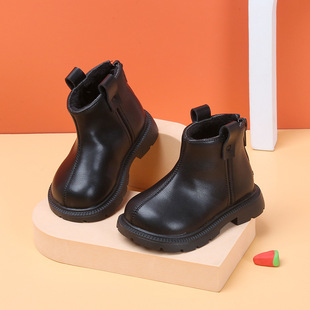 Children's Solid Color Martin Boots Toddler Shoes Baby Girl Leather Boots Autumn and Winter British Martin Boots Fleece-lined Children's Shoes