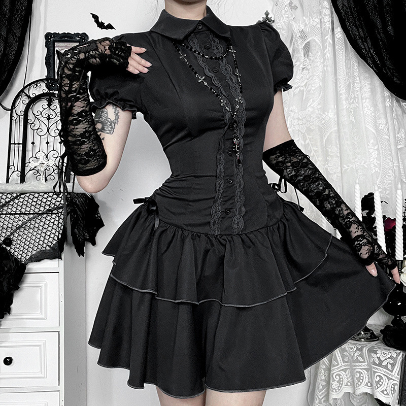 Cf25178 Dark Bow Short-Sleeved Dress New Retro Wear Preppy Short-Sleeved Shirt Short Skirt for Women