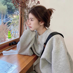 灰色正肩无帽卫衣女美式秋季新款时尚感超好看小个子百搭春秋加厚