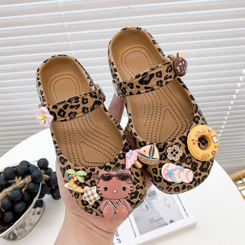 Leopard Print Cute Ballet Clogs for Children, New Summer Style, Non-Slip, Breathable, Soft-Soled Beach Closed-Toe Sandals for Girls