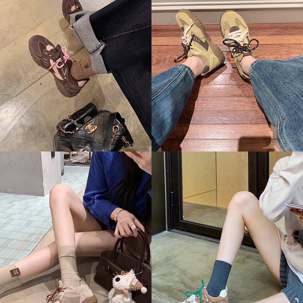 Versión de piel de vaca de la uva de la misma nicho de moda zapatos de doble cordón de color de base gruesa aumento de altura zapatos deportivos casuales zapatos de mujer