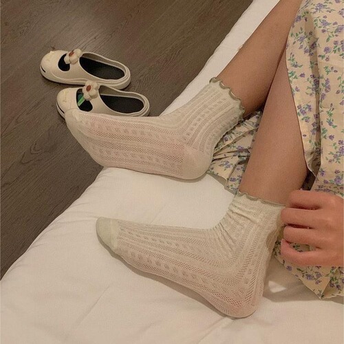 Summer Dopamine Macaron Color Edge Mid-Calf Socks, Japanese Fairy Girl Style, Solid Color, Earbud Edge, Lacy, Thin Socks