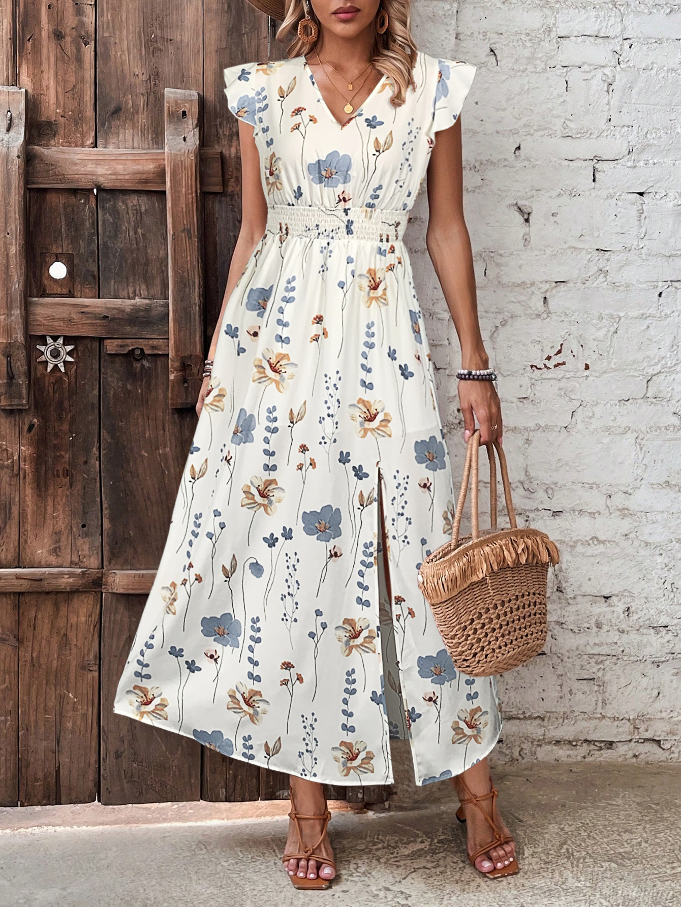 European And American Style Ruffled V-Neck Cross-Border Trade New High-Waisted Slit Printed Long Dress_ecoleips.com