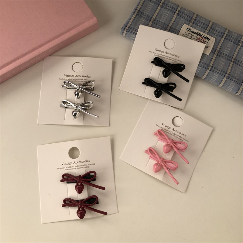 Cute Bow Hairpin Sweet Cool Girl Bangs Clip Hairpin Side Clip Broken Hairpin Heart Pendant Duckbill Clip Hair Accessory