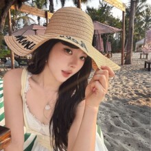 『原创款』字母刺绣大檐草帽女海边度假防晒遮阳沙滩帽夏季草编帽