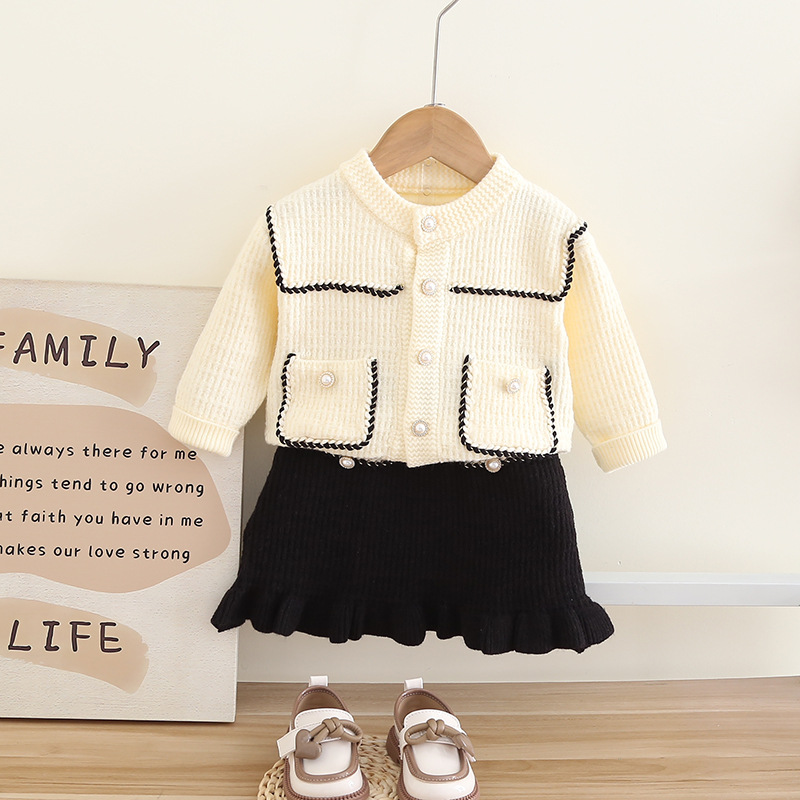 Kinder Pullover Kleine Duftende Tasche Gestrickte Rock Mädchen Baby Modische Einfarbig Strickjacke Zwei stück Set_voghion.com